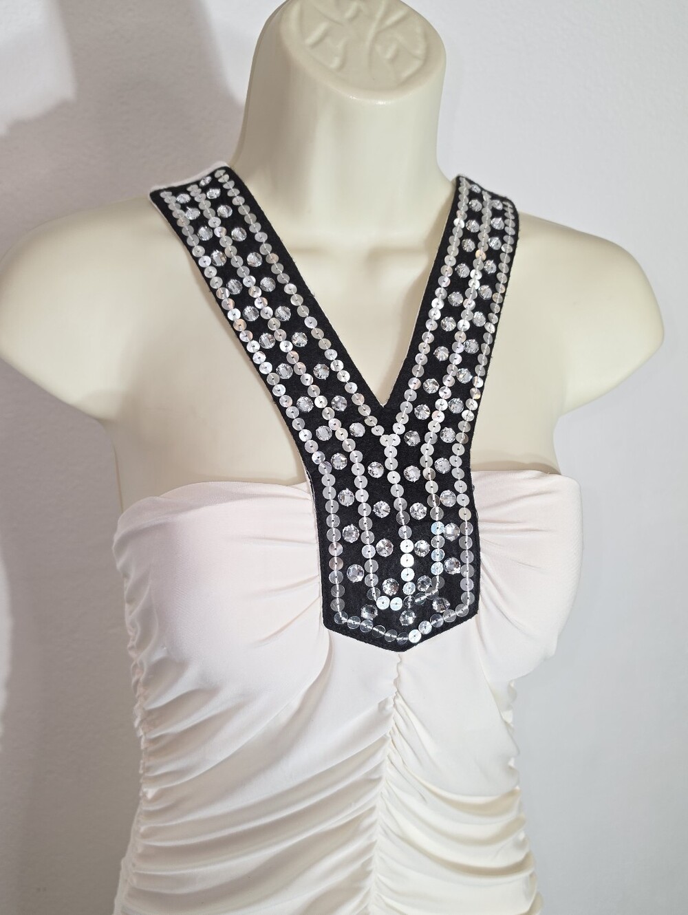 Savannah Studio Dress Sequined Ruched Cream Size L - Picture 10 of 13
